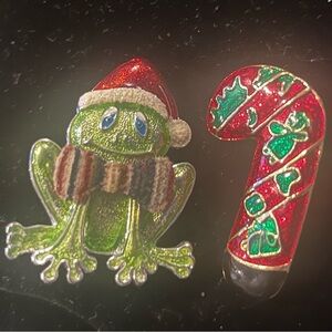 Festive Frog and Candy Cane Brooch Set